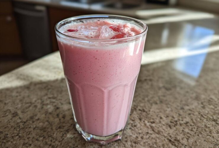 A tall glass filled with a frothy, pink Iced Vanilla Strawberry Protein Shake topped with ice and strawberry pieces.