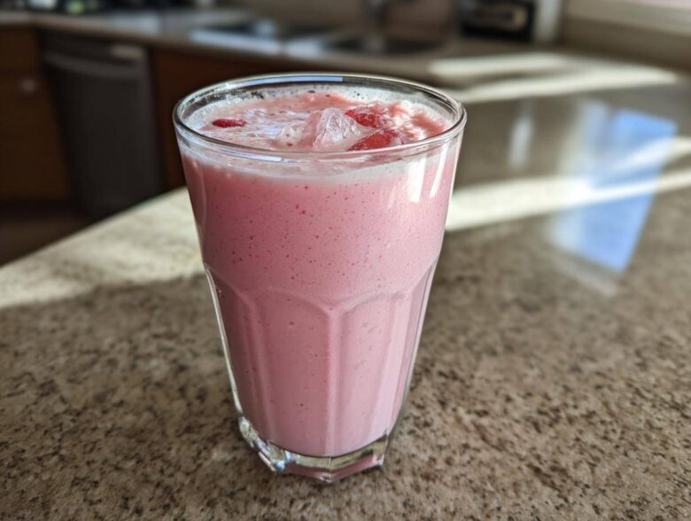 A tall glass filled with a frothy, pink Iced Vanilla Strawberry Protein Shake topped with ice and strawberry pieces.