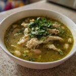 A close-up of a white bowl filled with vibrant green Instant Pot Chicken Pozole Verde, topped with shredded chicken and fresh cilantro.