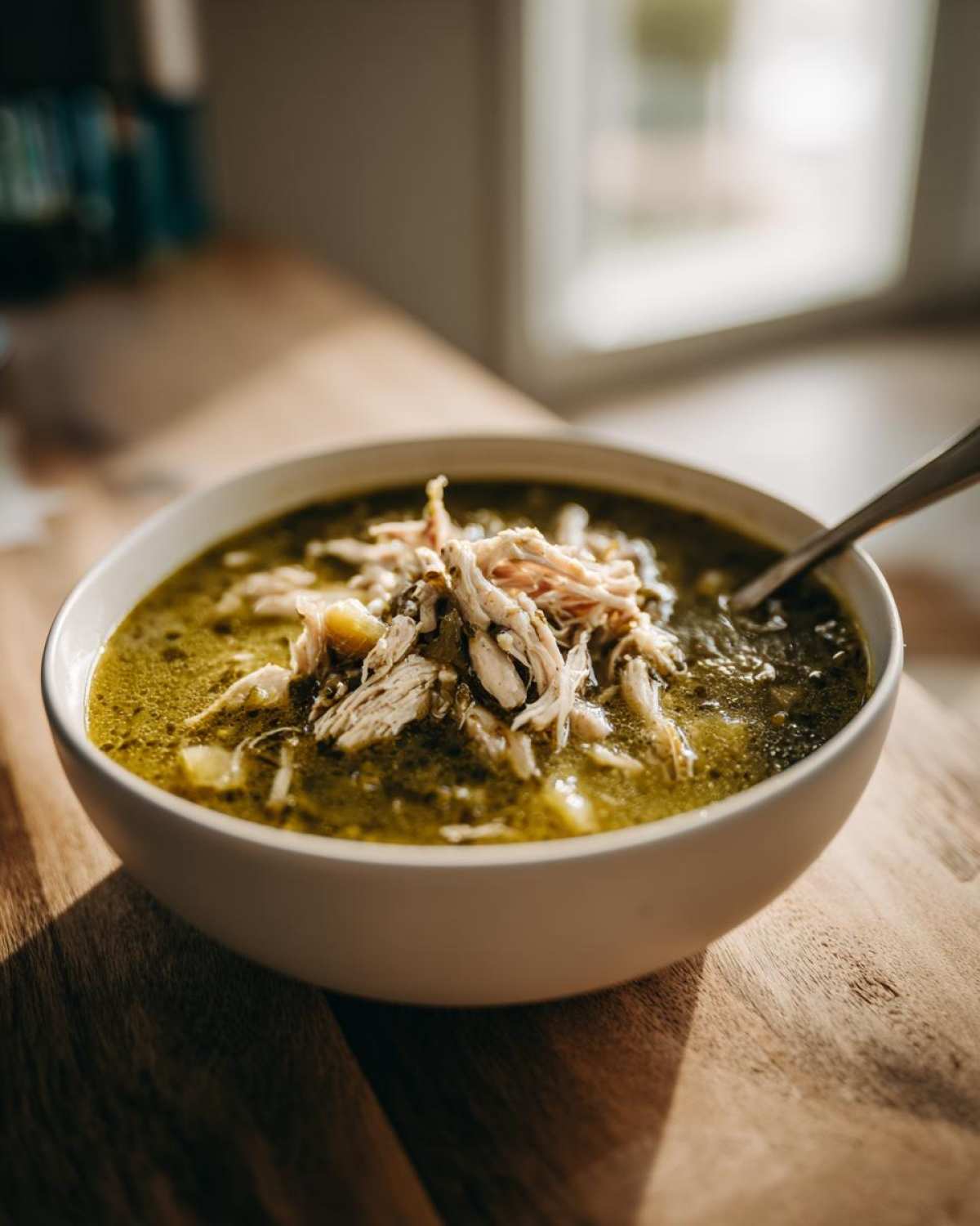 A close-up of a white bowl filled with rich green Instant Pot Chicken Pozole Verde, topped generously with shredded chicken.