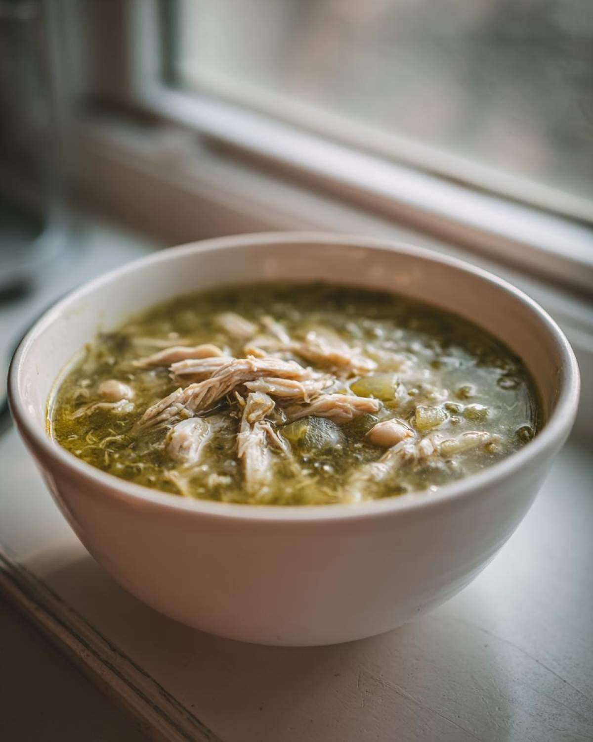 A white bowl filled with vibrant green Instant Pot Chicken Pozole Verde, topped with shredded chicken, near a window.