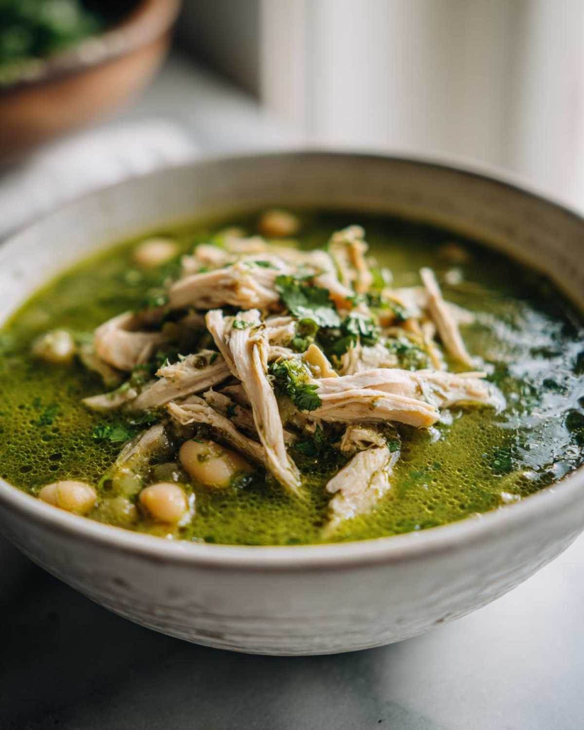 Close-up of a rustic bowl filled with vibrant green Instant Pot Chicken Pozole Verde, topped with shredded chicken and cilantro.