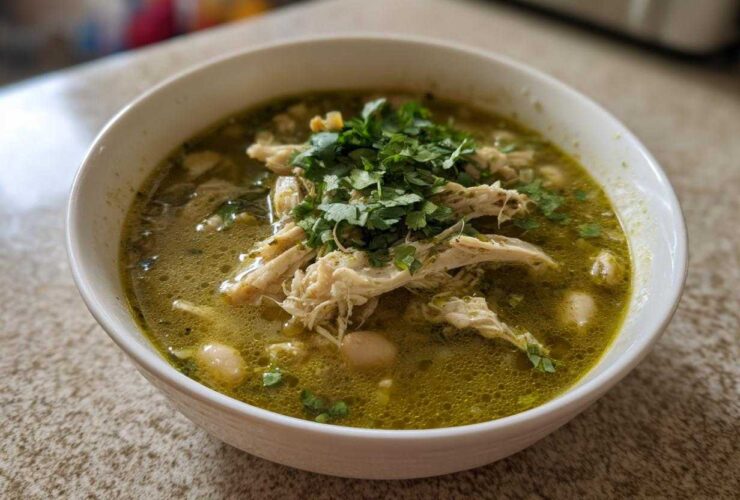 A close-up of a white bowl filled with vibrant green Instant Pot Chicken Pozole Verde, topped with shredded chicken and fresh cilantro.