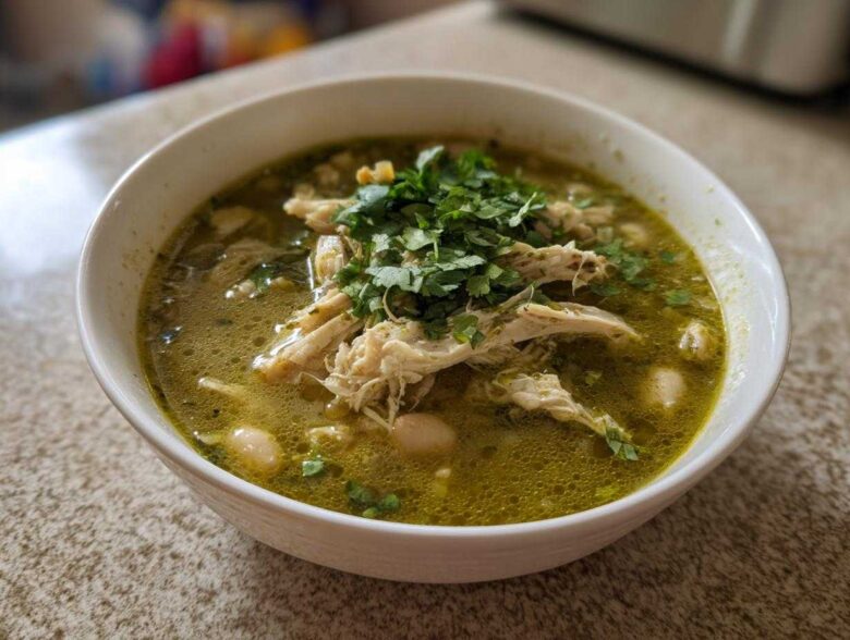 A close-up of a white bowl filled with vibrant green Instant Pot Chicken Pozole Verde, topped with shredded chicken and fresh cilantro.