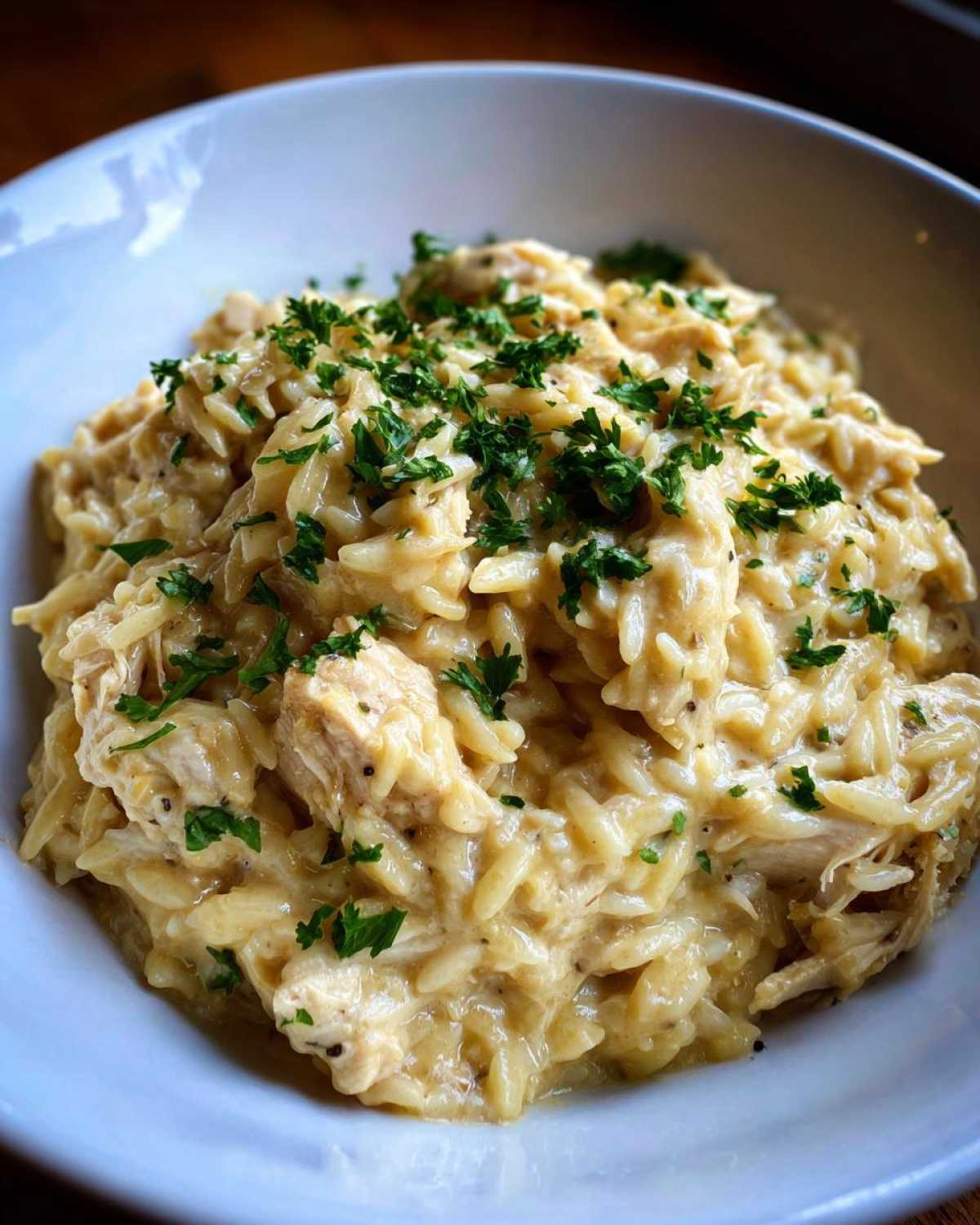 Close-up of a bowl filled with Instant Pot Creamy Chicken and Orzo, garnished with fresh parsley.
