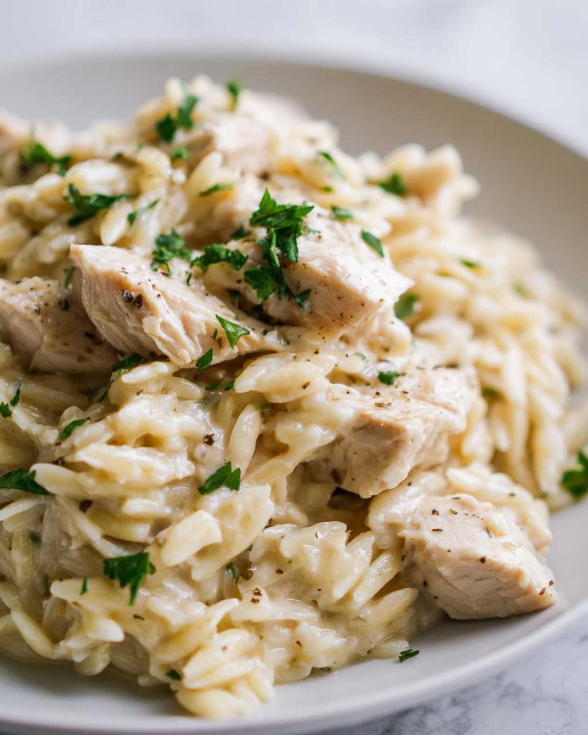 A close-up shot of creamy Instant Pot Creamy Chicken and Orzo topped with fresh parsley.