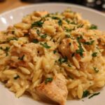 A close-up of a white bowl filled with creamy Instant Pot Creamy Chicken and Orzo, garnished with fresh parsley.