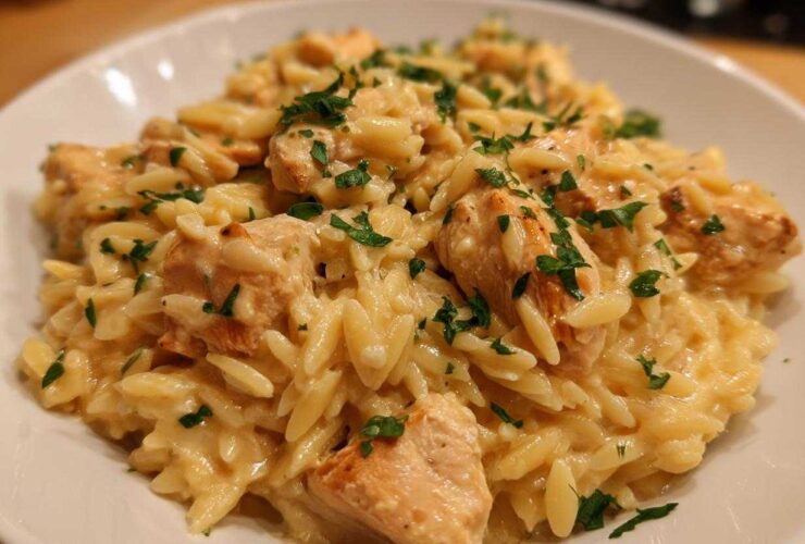 A close-up of a white bowl filled with creamy Instant Pot Creamy Chicken and Orzo, garnished with fresh parsley.
