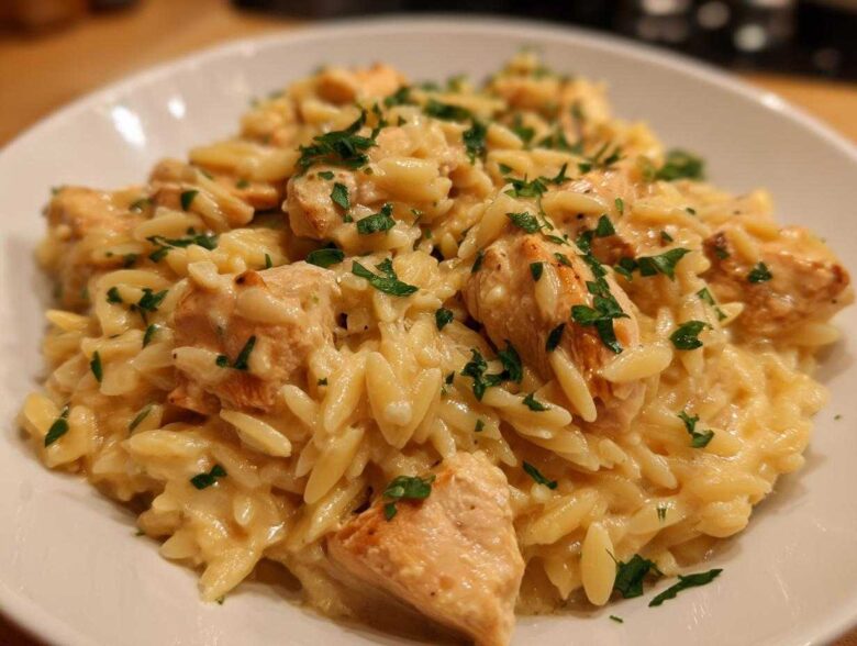A close-up of a white bowl filled with creamy Instant Pot Creamy Chicken and Orzo, garnished with fresh parsley.
