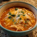 Close-up of a bowl of Instant Pot Creamy Chicken Enchilada Soup topped with melted cheese and cilantro.
