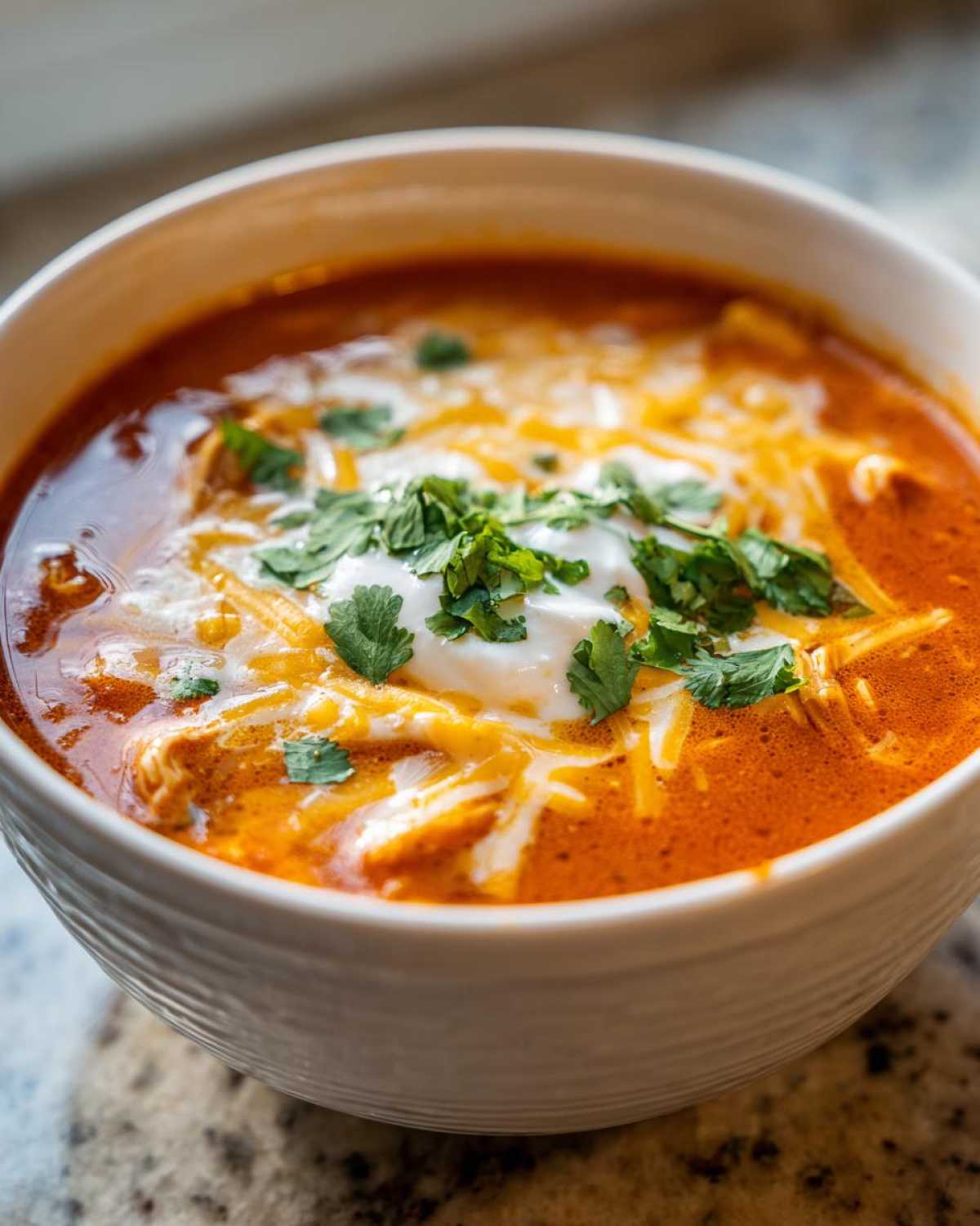 A close-up of a white bowl filled with rich red Instant Pot Creamy Chicken Enchilada Soup, topped with shredded cheese, sour cream, and fresh cilantro.