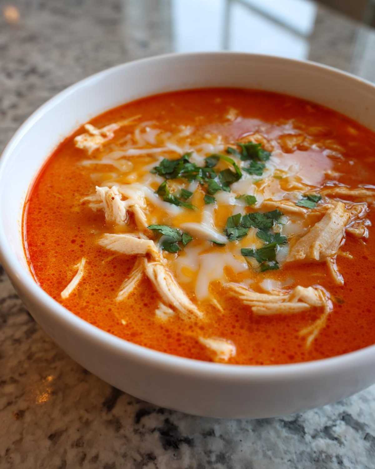 Close-up of a white bowl filled with vibrant orange Instant Pot Creamy Chicken Enchilada Soup, topped with shredded chicken, melted cheese, and cilantro.