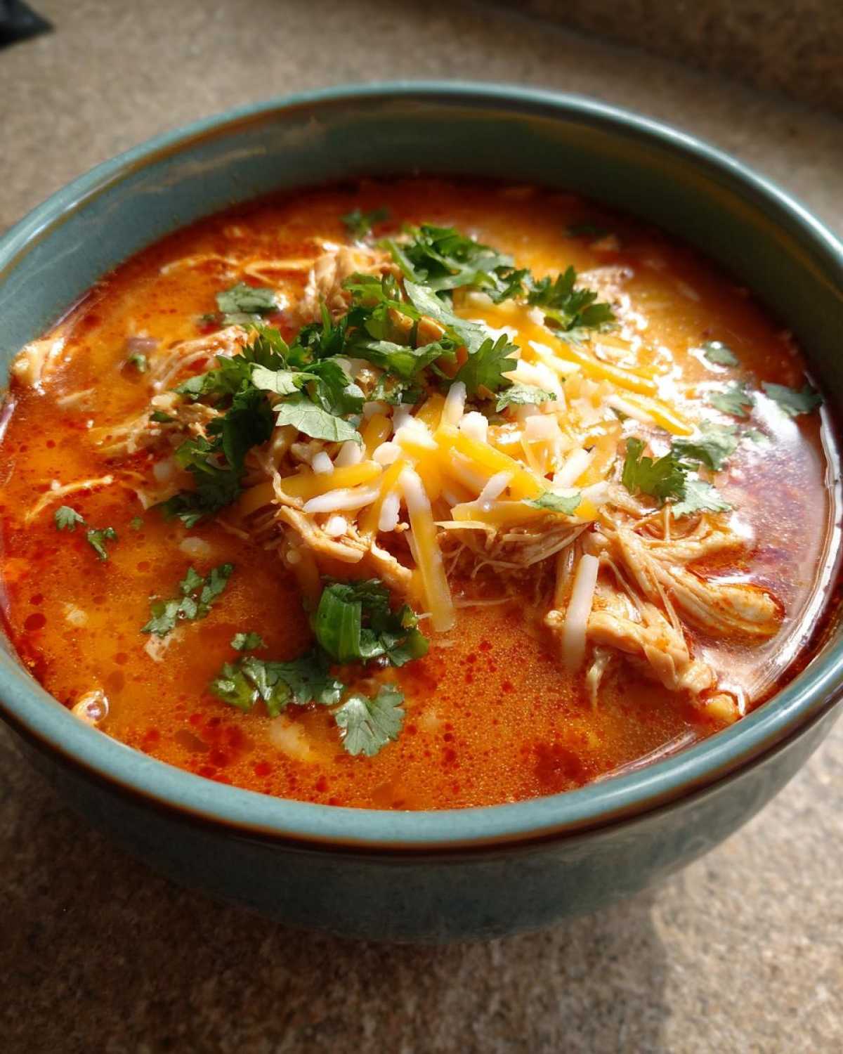 Close-up of a bowl of Instant Pot Creamy Chicken Enchilada Soup topped with shredded cheese and fresh cilantro.