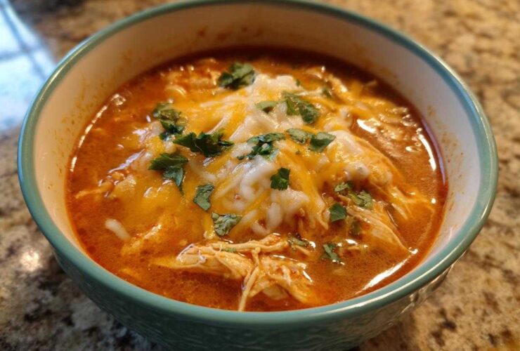 Close-up of a bowl of Instant Pot Creamy Chicken Enchilada Soup topped with melted cheese and cilantro.
