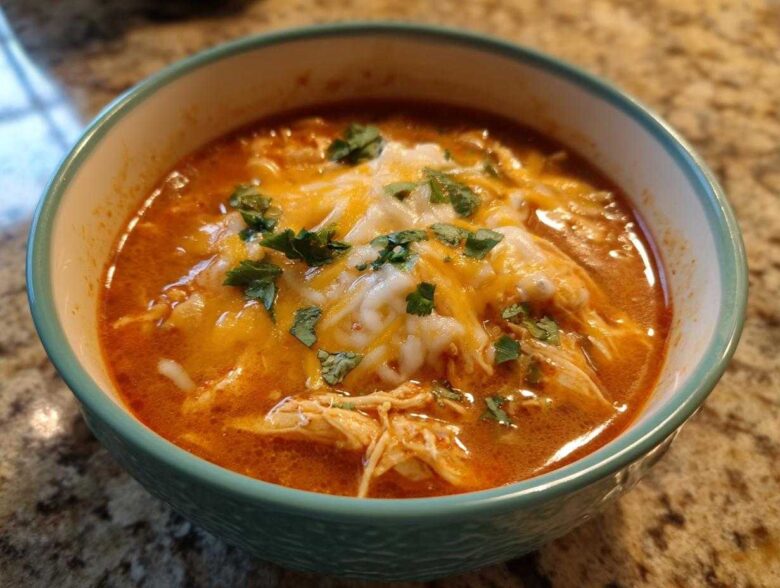 Close-up of a bowl of Instant Pot Creamy Chicken Enchilada Soup topped with melted cheese and cilantro.