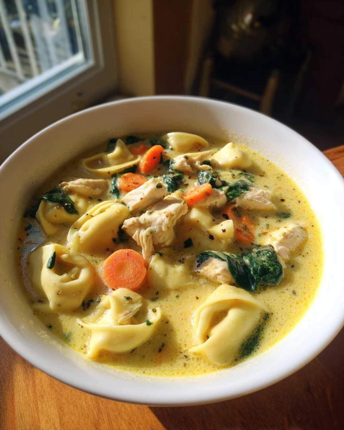 A close-up of a white bowl filled with Instant Pot Creamy Chicken Tortellini Soup, showing tortellini, chicken, carrots, and spinach.