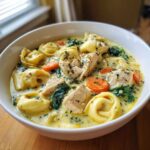 A close-up of a white bowl filled with Instant Pot Creamy Chicken Tortellini Soup, featuring tortellini, chicken chunks, carrots, and spinach in a creamy broth.