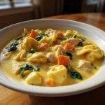A close-up of a white bowl filled with Instant Pot Creamy Chicken Tortellini Soup, featuring tortellini, chicken chunks, carrots, and spinach.