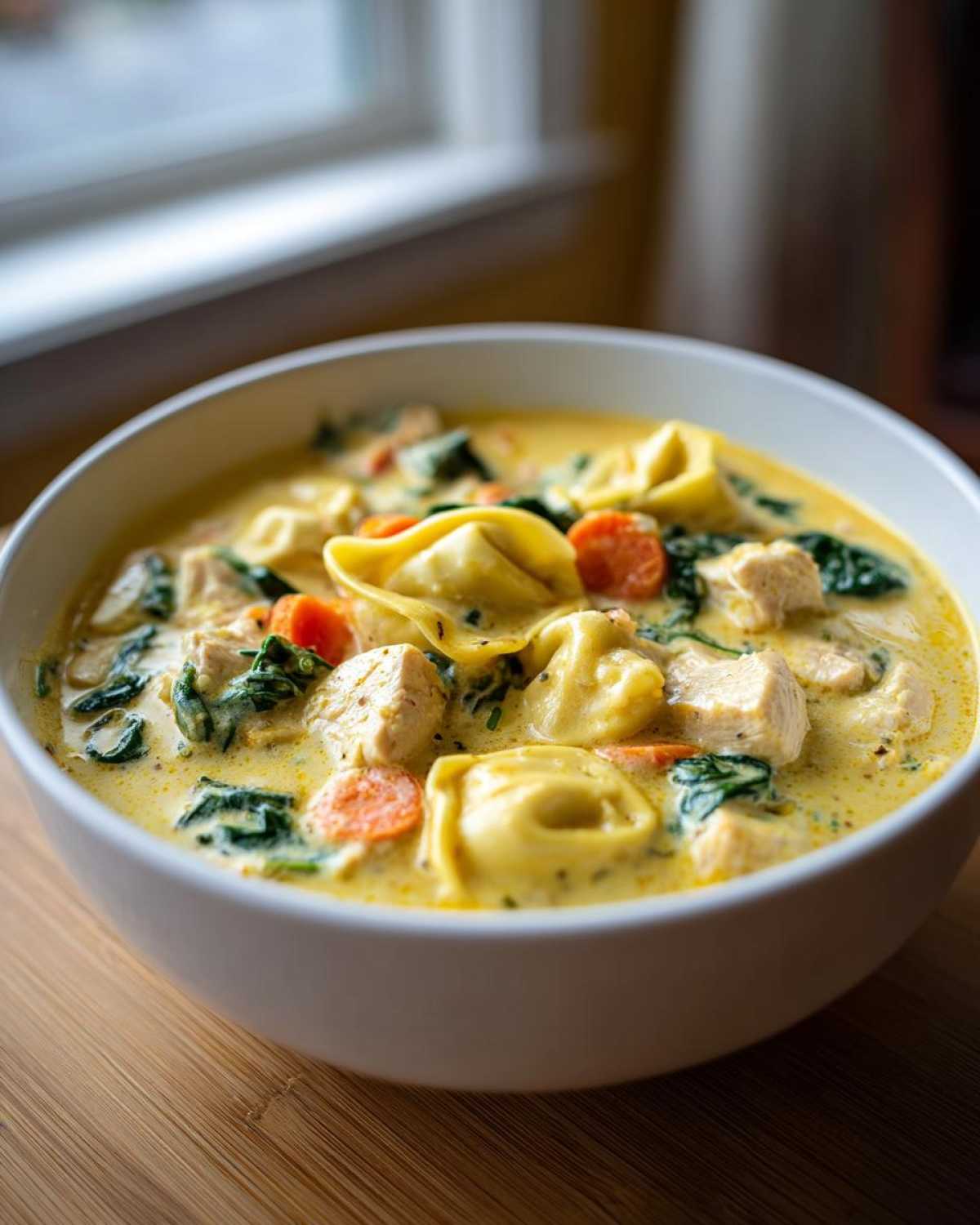 Close-up of a white bowl filled with Instant Pot Creamy Chicken Tortellini Soup, showing tortellini, chicken chunks, carrots, spinach, and carrots in a rich broth.