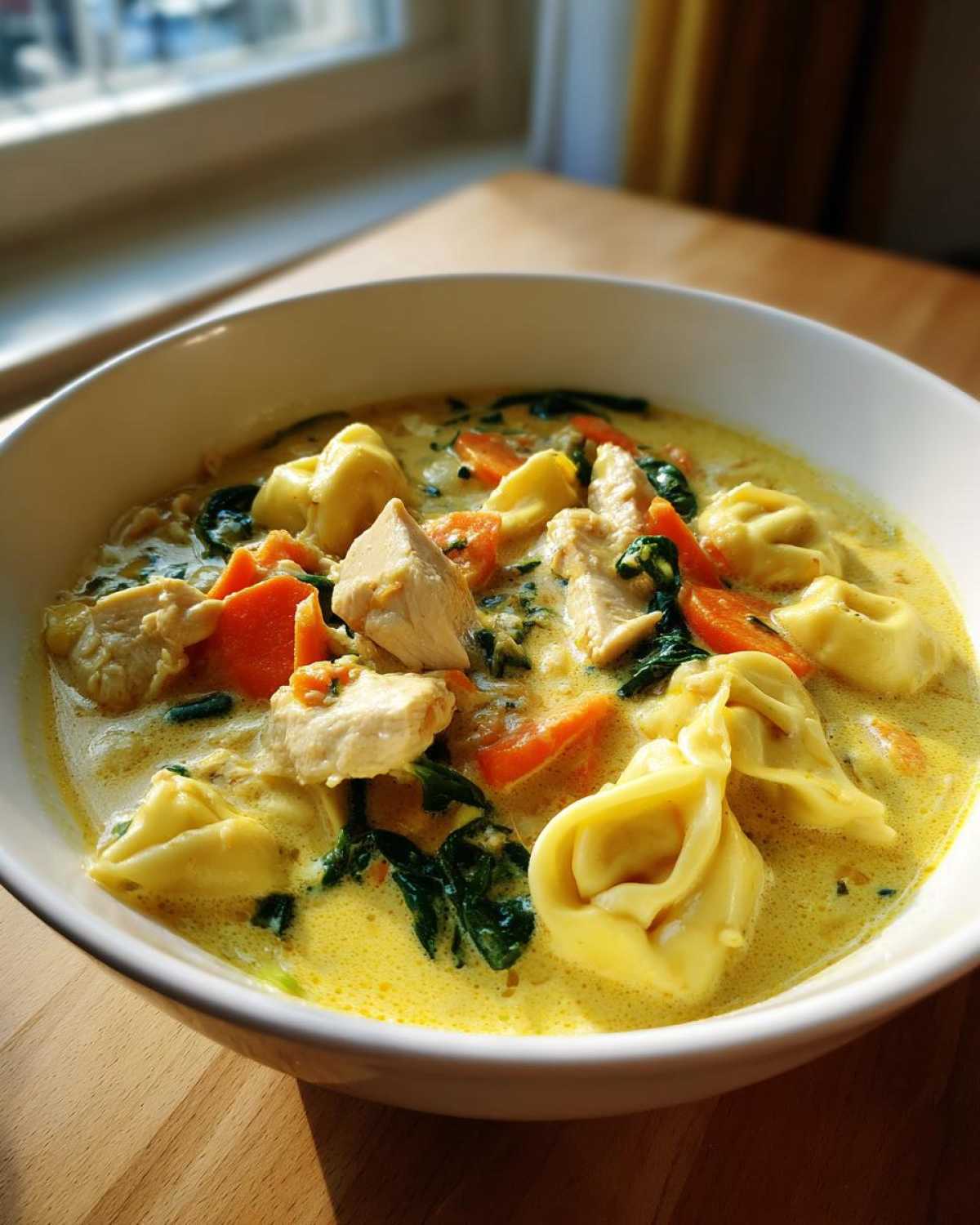 Close-up of a white bowl filled with Instant Pot Creamy Chicken Tortellini Soup, showing yellow broth, chicken chunks, carrots, spinach, and tortellini.