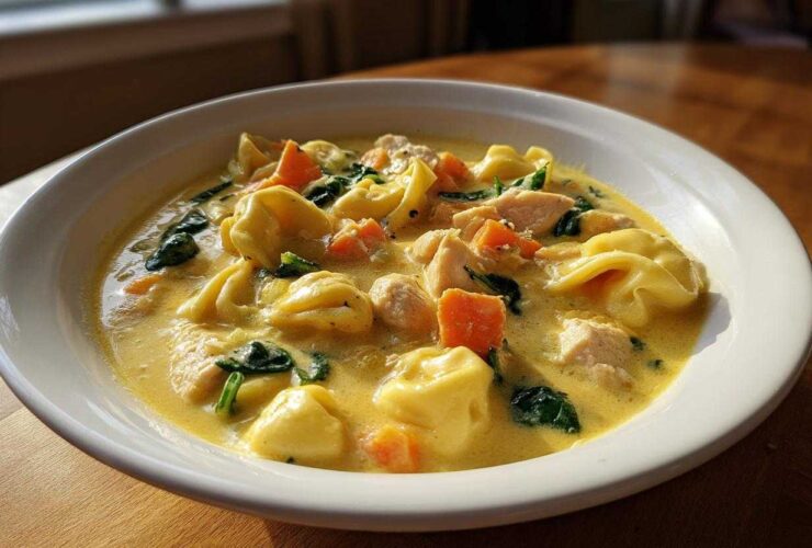 A close-up of a white bowl filled with Instant Pot Creamy Chicken Tortellini Soup, featuring tortellini, chicken chunks, carrots, and spinach.