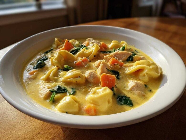 A close-up of a white bowl filled with Instant Pot Creamy Chicken Tortellini Soup, featuring tortellini, chicken chunks, carrots, and spinach.