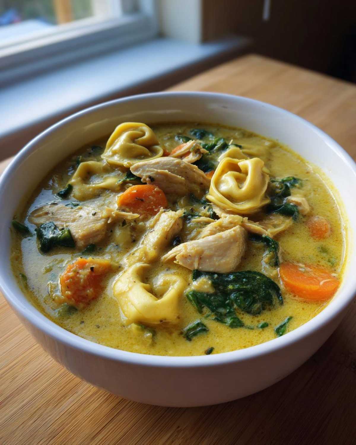 A close-up of a white bowl filled with Instant Pot Creamy Chicken Tortellini Soup, showing chicken, carrots, spinach, and tortellini.