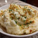 Fluffy Instant Pot Creamy Garlic Butter Potatoes topped with melted butter, browned garlic bits, and fresh parsley.