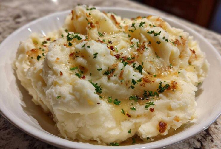 Fluffy Instant Pot Creamy Garlic Butter Potatoes topped with melted butter, browned garlic bits, and fresh parsley.