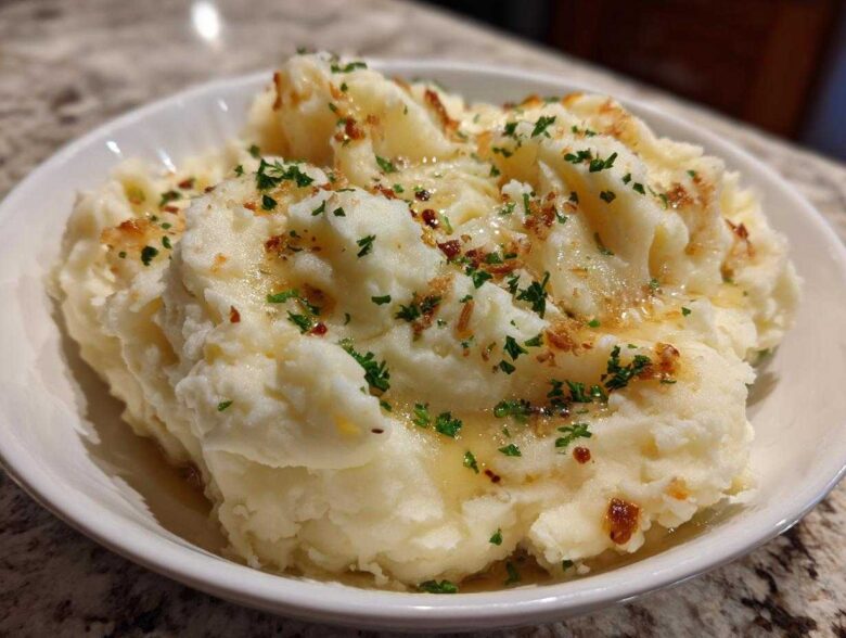 Fluffy Instant Pot Creamy Garlic Butter Potatoes topped with melted butter, browned garlic bits, and fresh parsley.