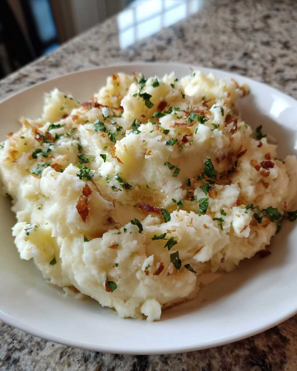 A white bowl filled with fluffy Instant Pot Creamy Garlic Butter Potatoes, topped with melted butter, crispy bacon bits, and fresh parsley.