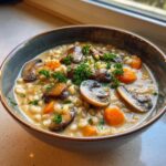 A close-up of a hearty bowl of Instant Pot Creamy Mushroom Barley Soup, topped with sautéed mushrooms and fresh parsley.