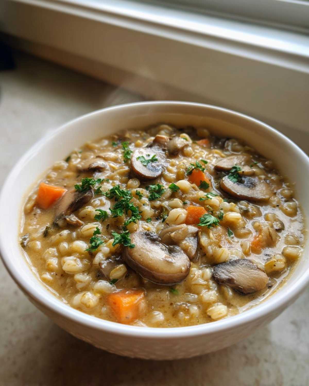 Close-up of a white bowl filled with steaming Instant Pot Creamy Mushroom Barley Soup, topped with sliced mushrooms and parsley.