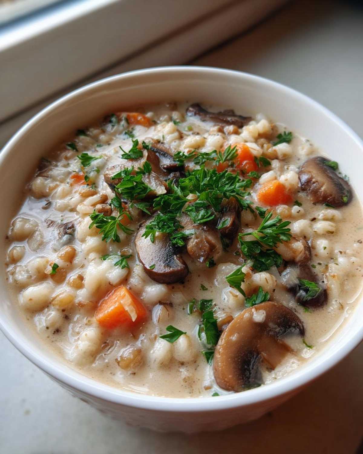Close-up of a warm bowl of Instant Pot Creamy Mushroom Barley Soup topped with sautéed mushrooms and fresh parsley.