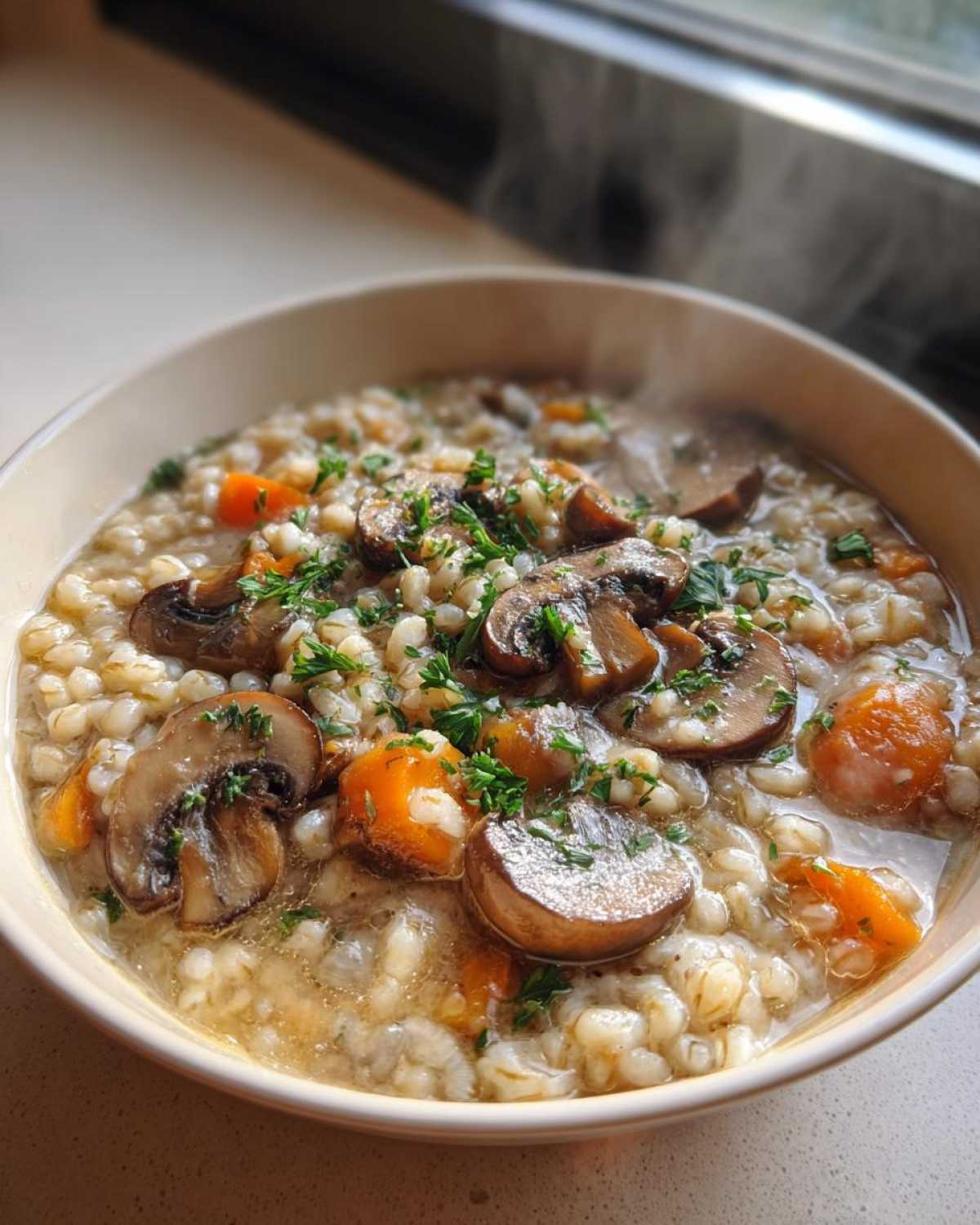 Close-up of a steaming bowl of Instant Pot Creamy Mushroom Barley Soup, topped with sautéed mushrooms and fresh parsley.