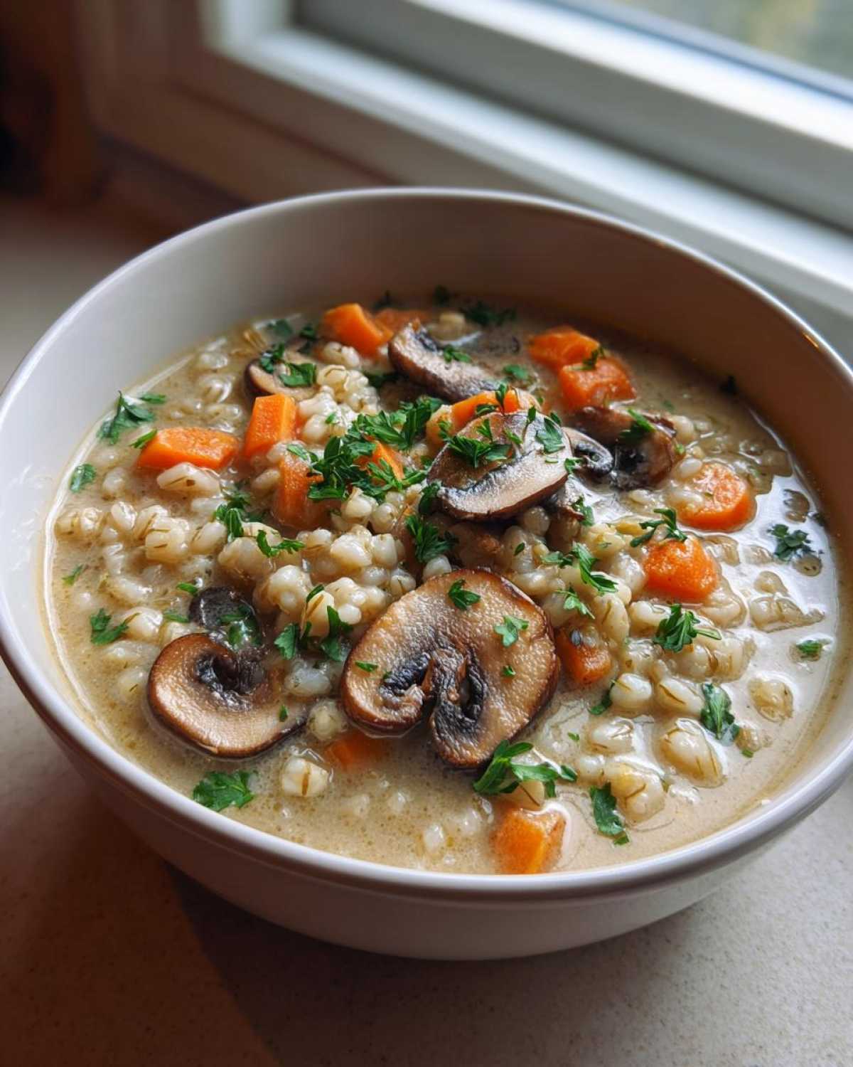 A close-up of a white bowl filled with Instant Pot Creamy Mushroom Barley Soup, topped with sliced mushrooms and parsley.