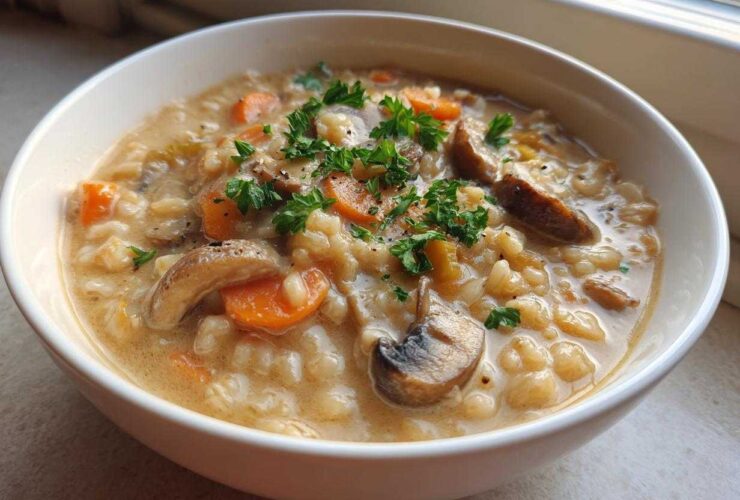 A close-up of a white bowl filled with creamy Instant Pot Creamy Mushroom Barley Soup, topped with sliced mushrooms and fresh parsley.