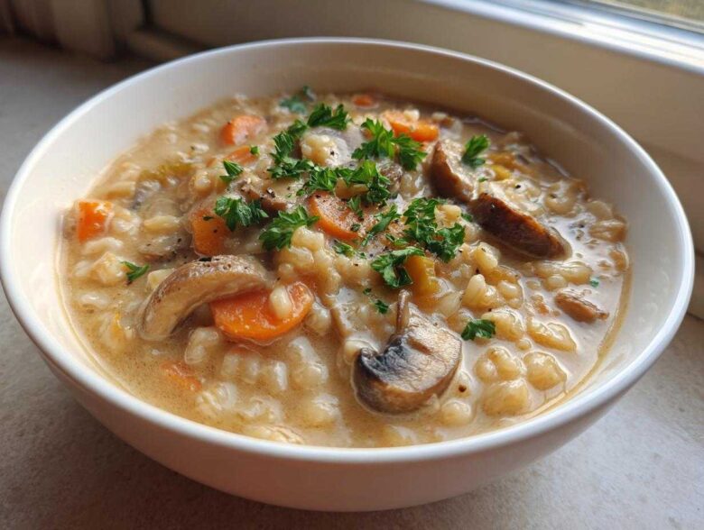 A close-up of a white bowl filled with creamy Instant Pot Creamy Mushroom Barley Soup, topped with sliced mushrooms and fresh parsley.