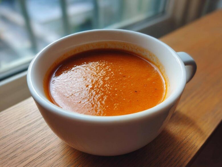 Close-up of a steaming white bowl filled with vibrant orange Instant Pot Creamy Red Pepper Tomato Soup, set on a wooden surface.