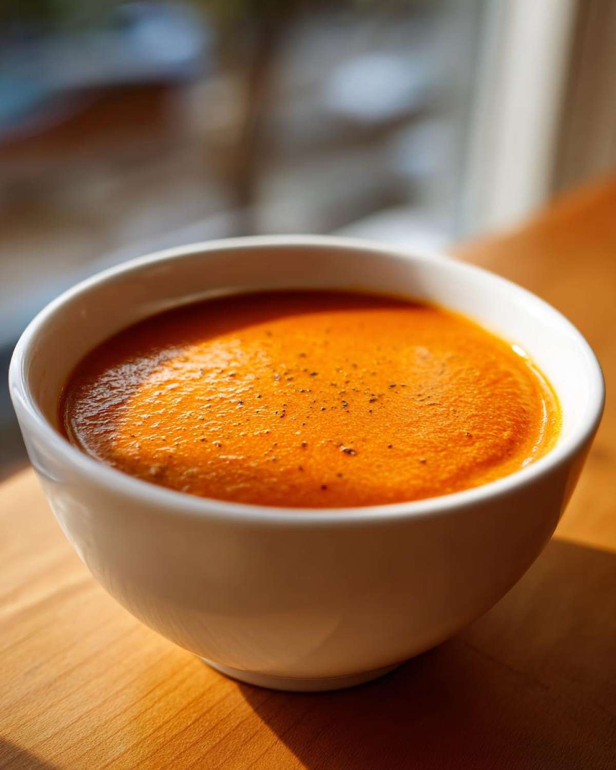 Close-up of a white bowl filled with vibrant orange Instant Pot Creamy Red Pepper Tomato Soup, garnished with pepper.