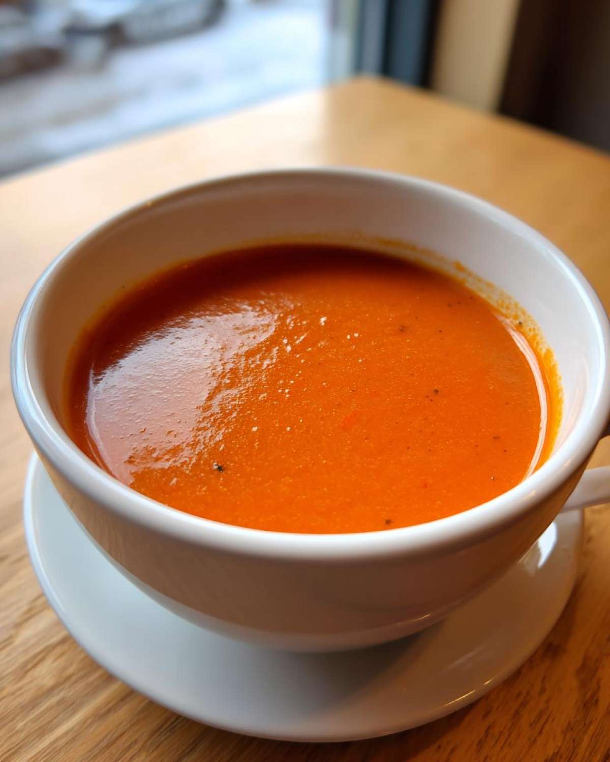 A close-up of a white bowl filled with vibrant orange Instant Pot Creamy Red Pepper Tomato Soup, resting on a saucer on a wooden table.