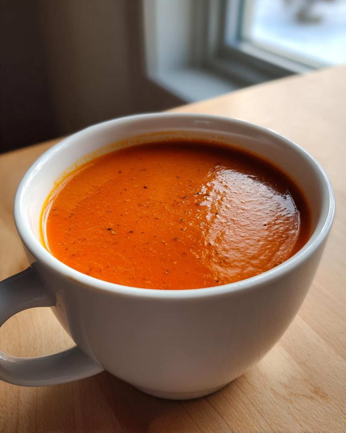 Close-up of rich, orange Instant Pot Creamy Red Pepper Tomato Soup served in a white mug on a wooden surface.