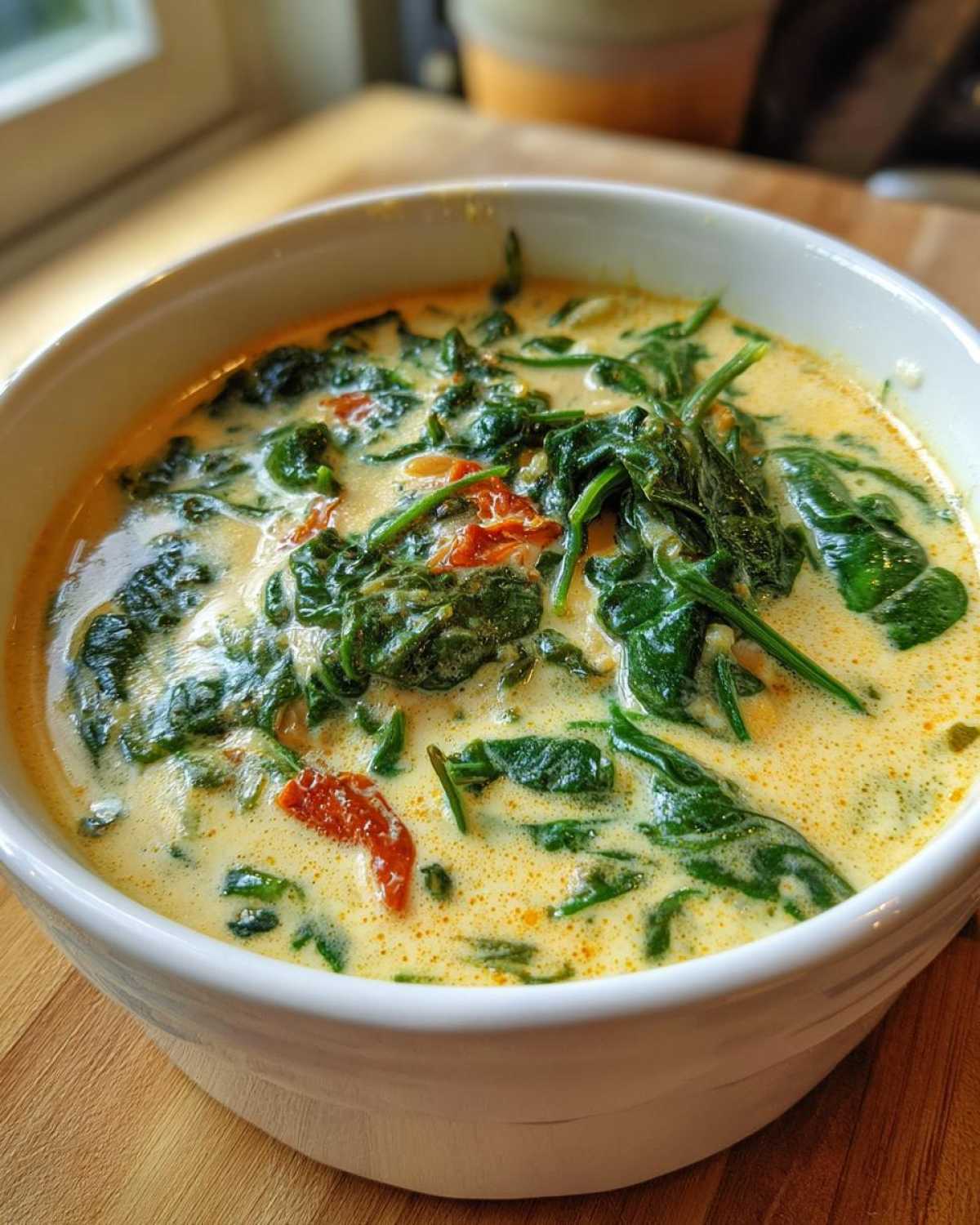 Close-up of Instant Pot Creamy Tuscan White Bean Soup with spinach and sun-dried tomatoes in a white bowl.