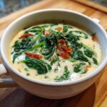 Close-up of a white bowl filled with Instant Pot Creamy Tuscan White Bean Soup, featuring spinach and sun-dried tomatoes.