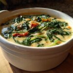 Close-up of a white bowl filled with Instant Pot Creamy Tuscan White Bean Soup, featuring spinach and sun-dried tomatoes.