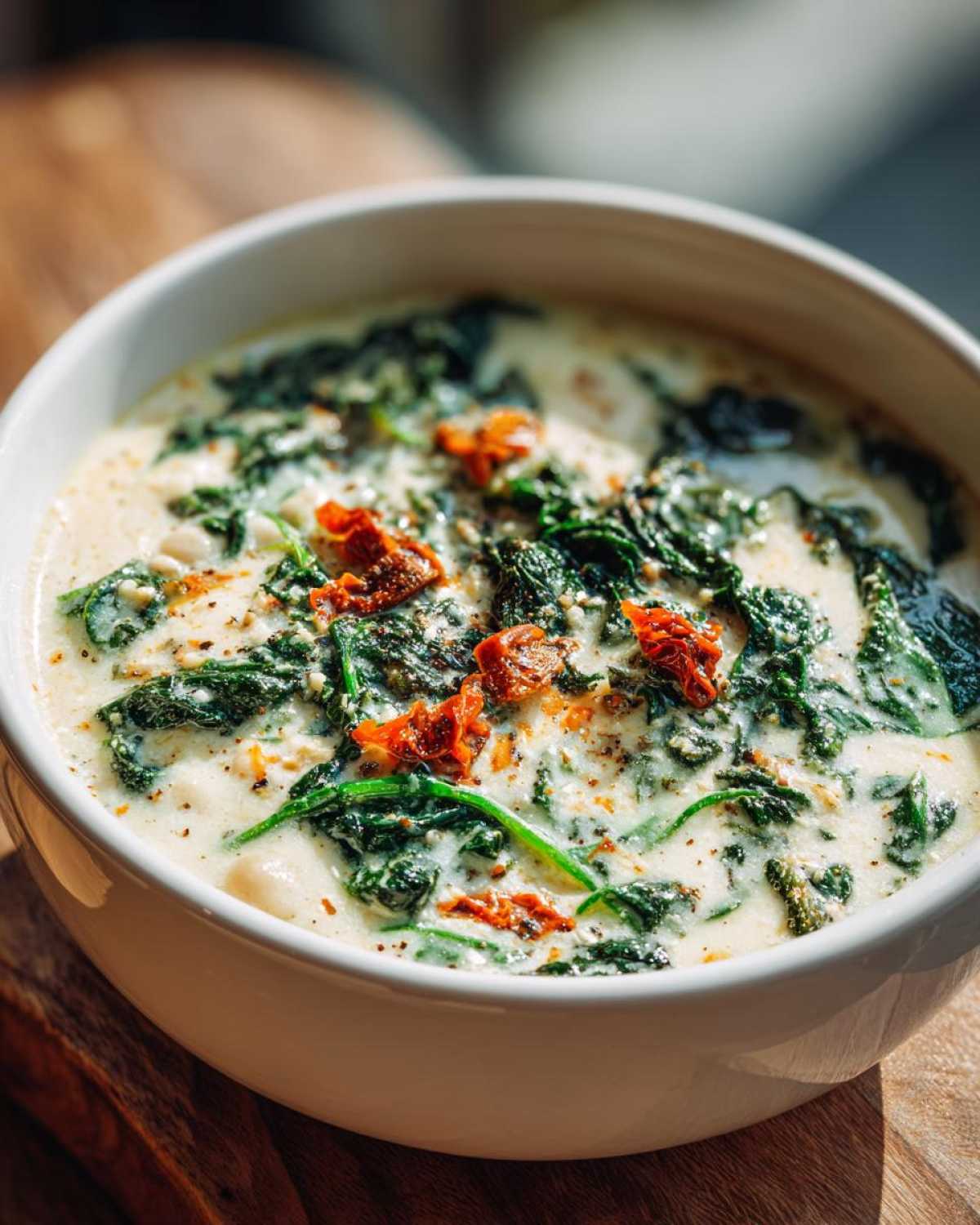 A close-up of a white bowl filled with Instant Pot Creamy Tuscan White Bean Soup, topped with wilted spinach and sun-dried tomatoes.