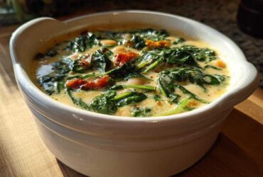 Close-up of a white bowl filled with Instant Pot Creamy Tuscan White Bean Soup, featuring spinach and sun-dried tomatoes.