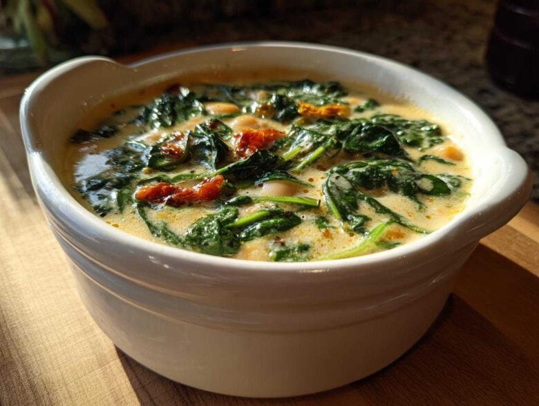 Close-up of a white bowl filled with Instant Pot Creamy Tuscan White Bean Soup, featuring spinach and sun-dried tomatoes.