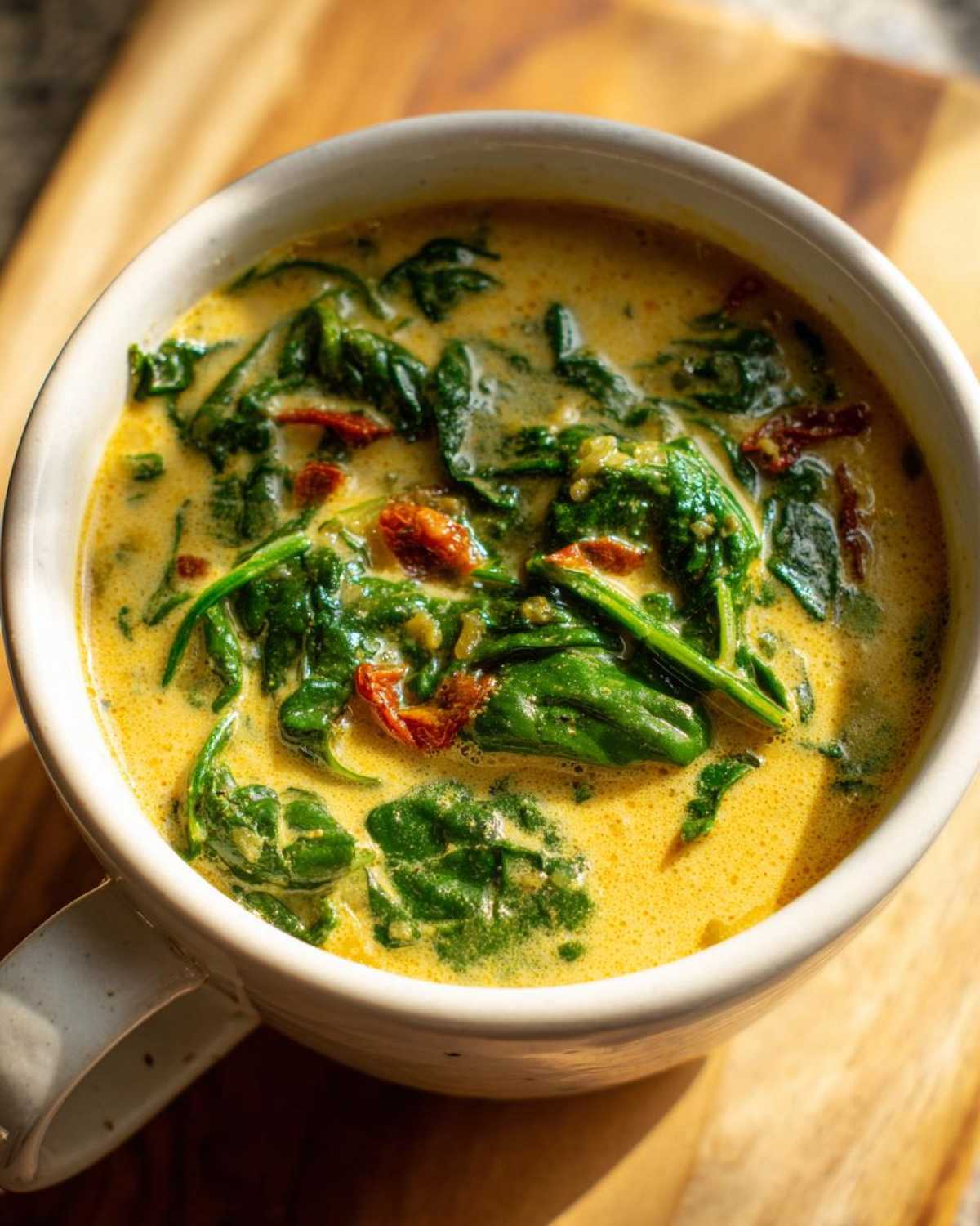 A close-up of Instant Pot Creamy Tuscan White Bean Soup, featuring rich yellow broth, wilted spinach, and sun-dried tomatoes in a white mug.