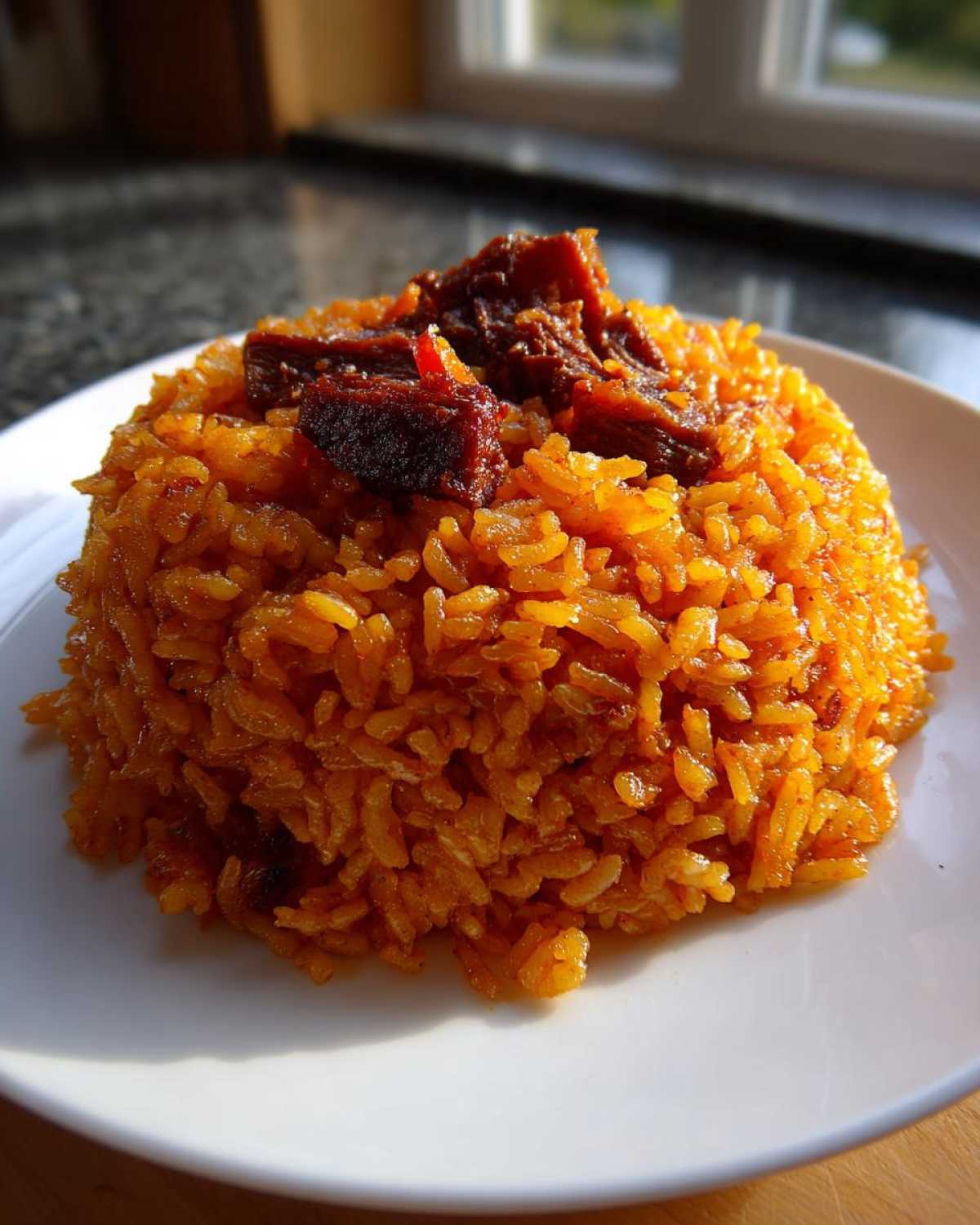 A mound of vibrant orange Irresistible Jollof Rice Flavor Adventure topped with pieces of stewed meat on a white plate.